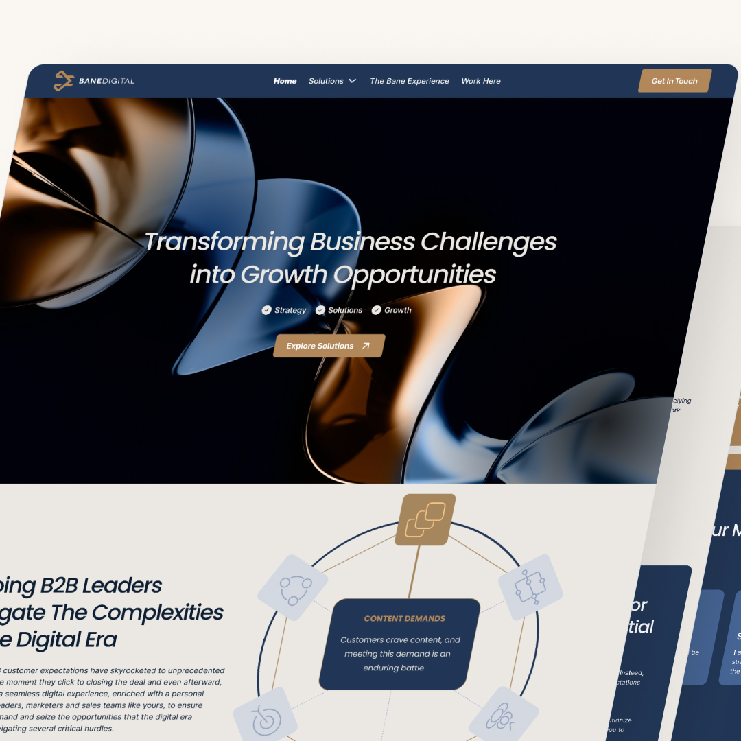 Close-up of a website homepage displaying abstract metallic shapes with text: Transforming Business Challenges into Growth Opportunities. The navigation menu at the top includes Home, Solutions, and a Get in Touch button—highlighting our design subscription service.