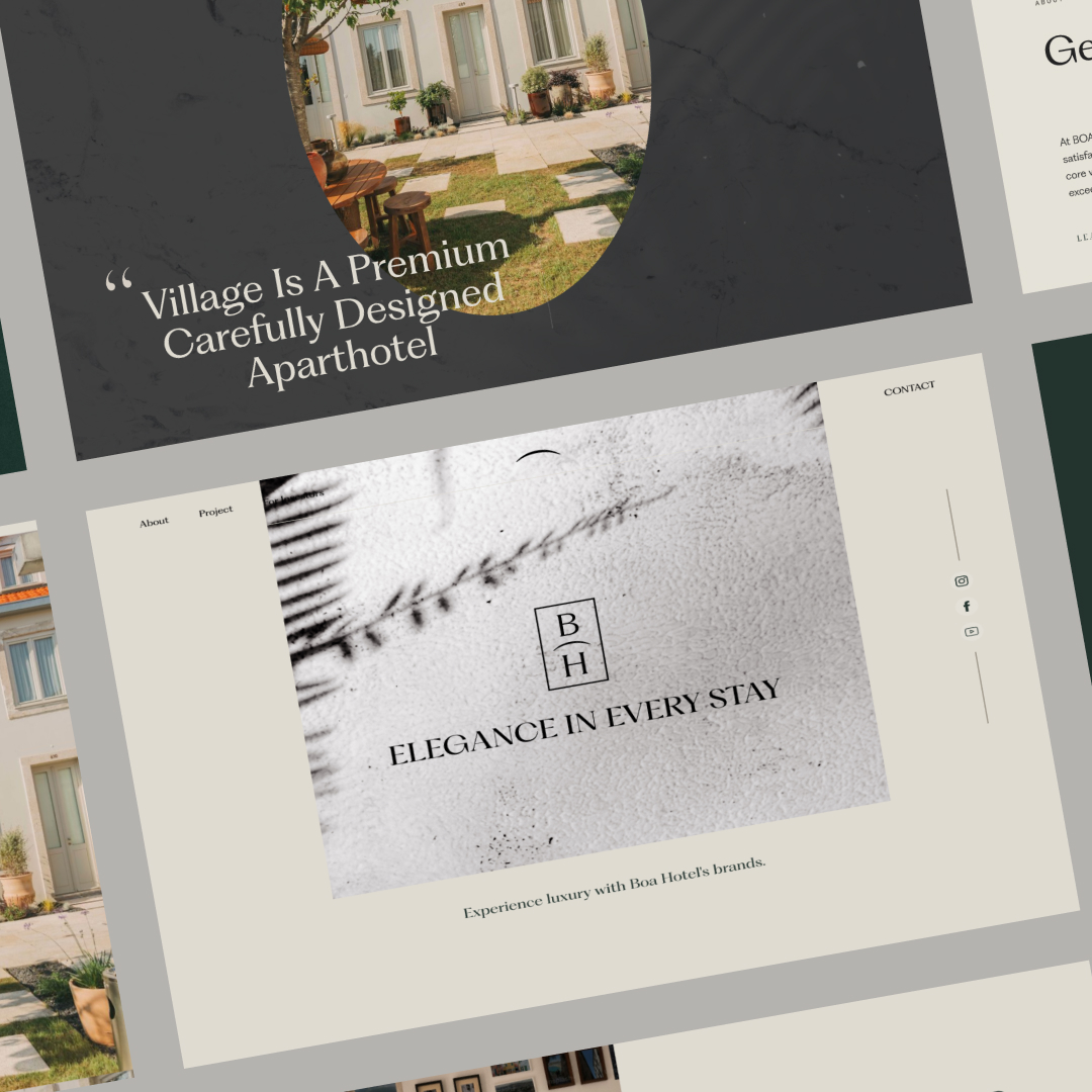 Collage of modern aparthotel designs with text highlighting premium features and elegance. Includes images of a building facade, nature elements, and the phrase Elegance in Every Stay. Discover more through our design subscription. Contact and social media icons are also visible.