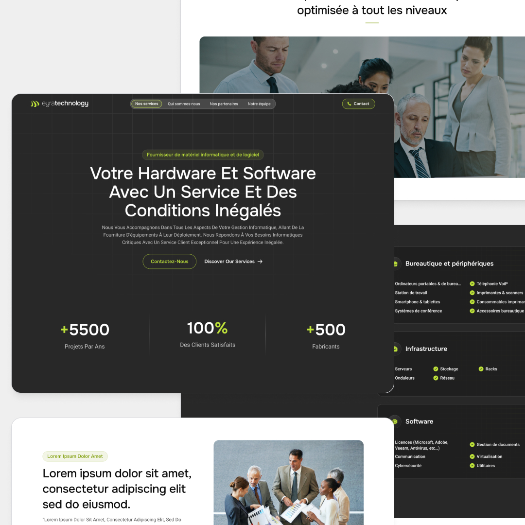 A website mockup with a dark theme showcasing a tech companys services through a design subscription model. The main section features French text, contact options, and service details. Icons highlight stats, while the bottom displays an image of three people discussing paperwork.