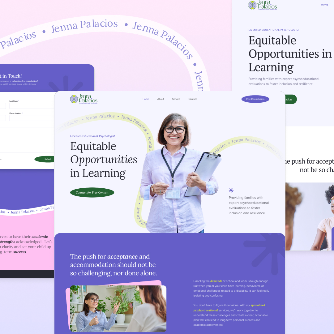A website mockup with a header reading Equitable Opportunities in Learning features a smiling woman holding a clipboard. The design includes circular name patterns and sections highlighting unlimited graphic design options, contact details, and consultation services.