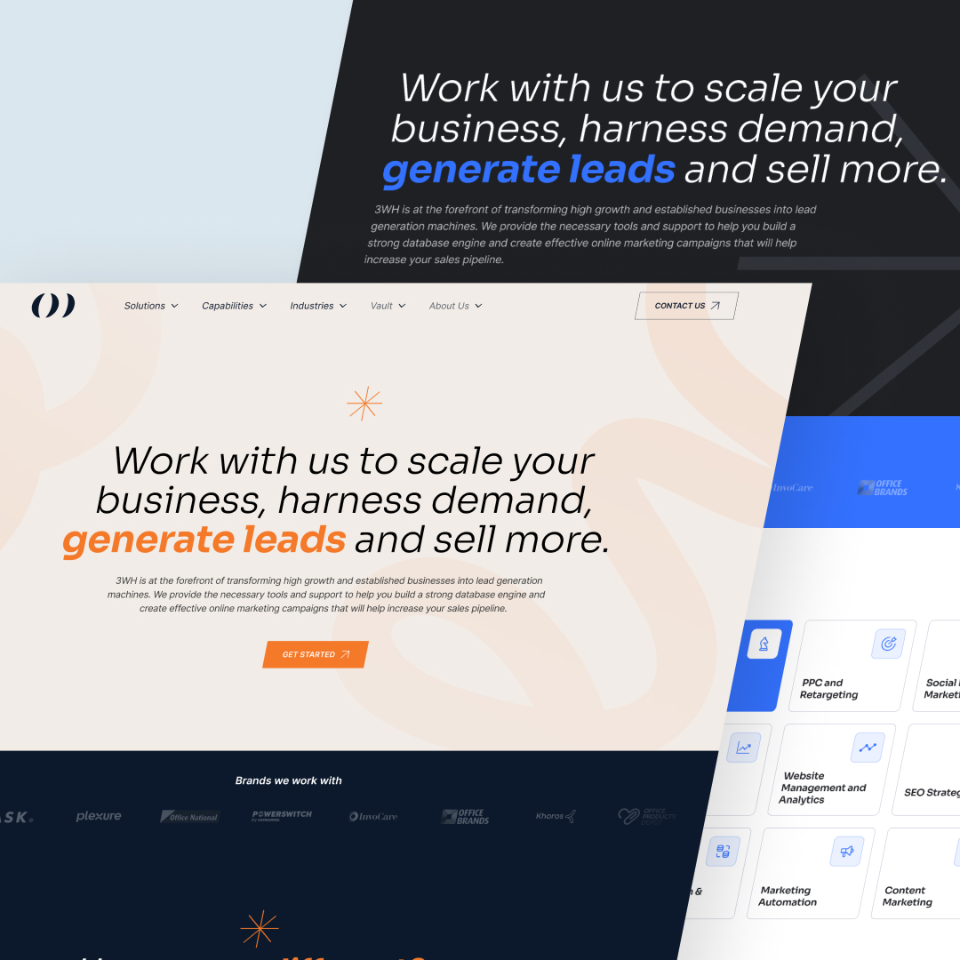A split-screen image with business information. Left: Text on a beige background, highlighting generate leads in blue. Right: A dark background featuring similar text with an emphasis on unlimited graphic design. The bottom showcases service offerings and partner logos, hinting at a design subscription model.
