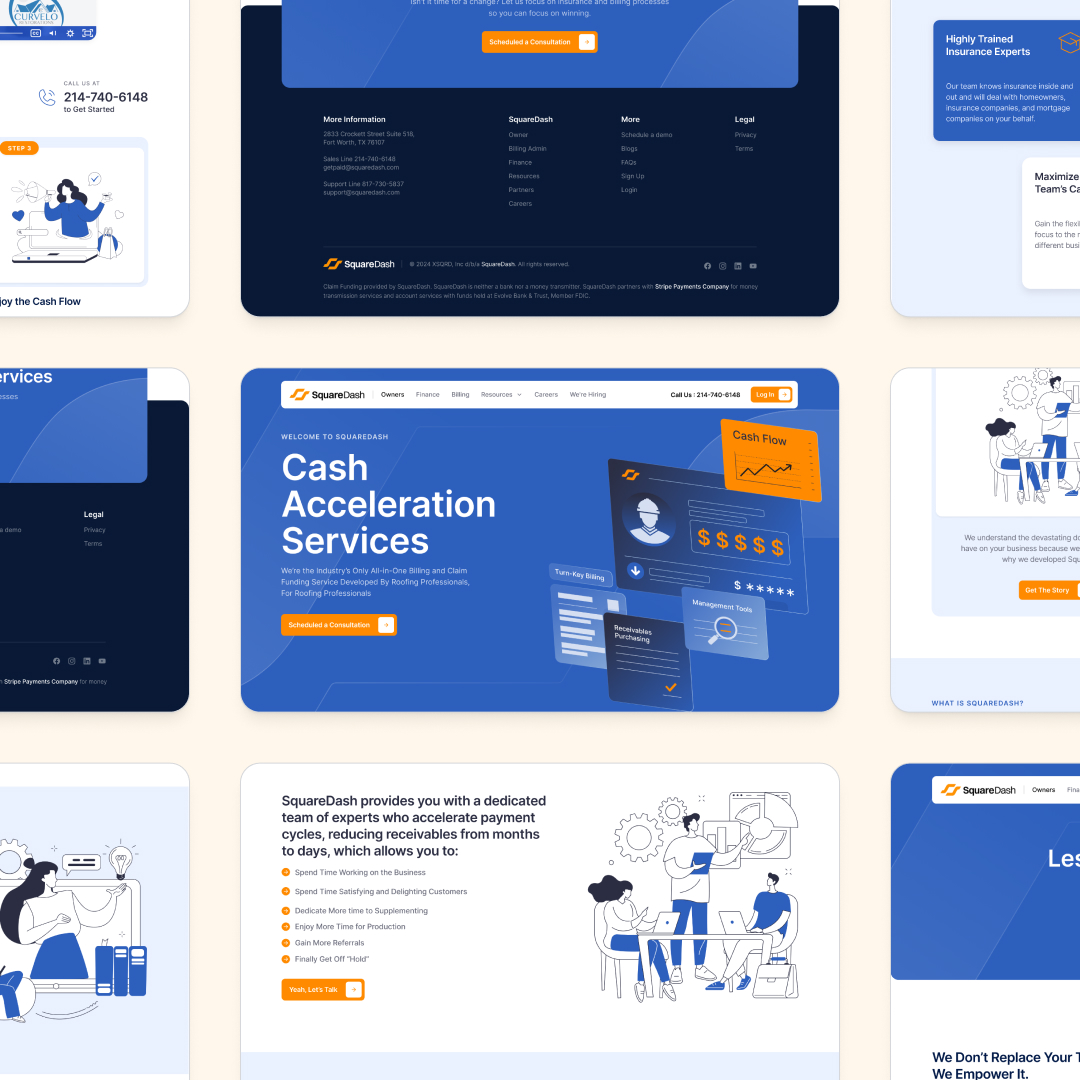 Collage of SquareDashs website pages, featuring services like cash acceleration and financial management. Visuals boast a blue and white color scheme, illustrations of people with financial charts, contact details, and a nod to unlimited graphic design through their design subscription offerings.
