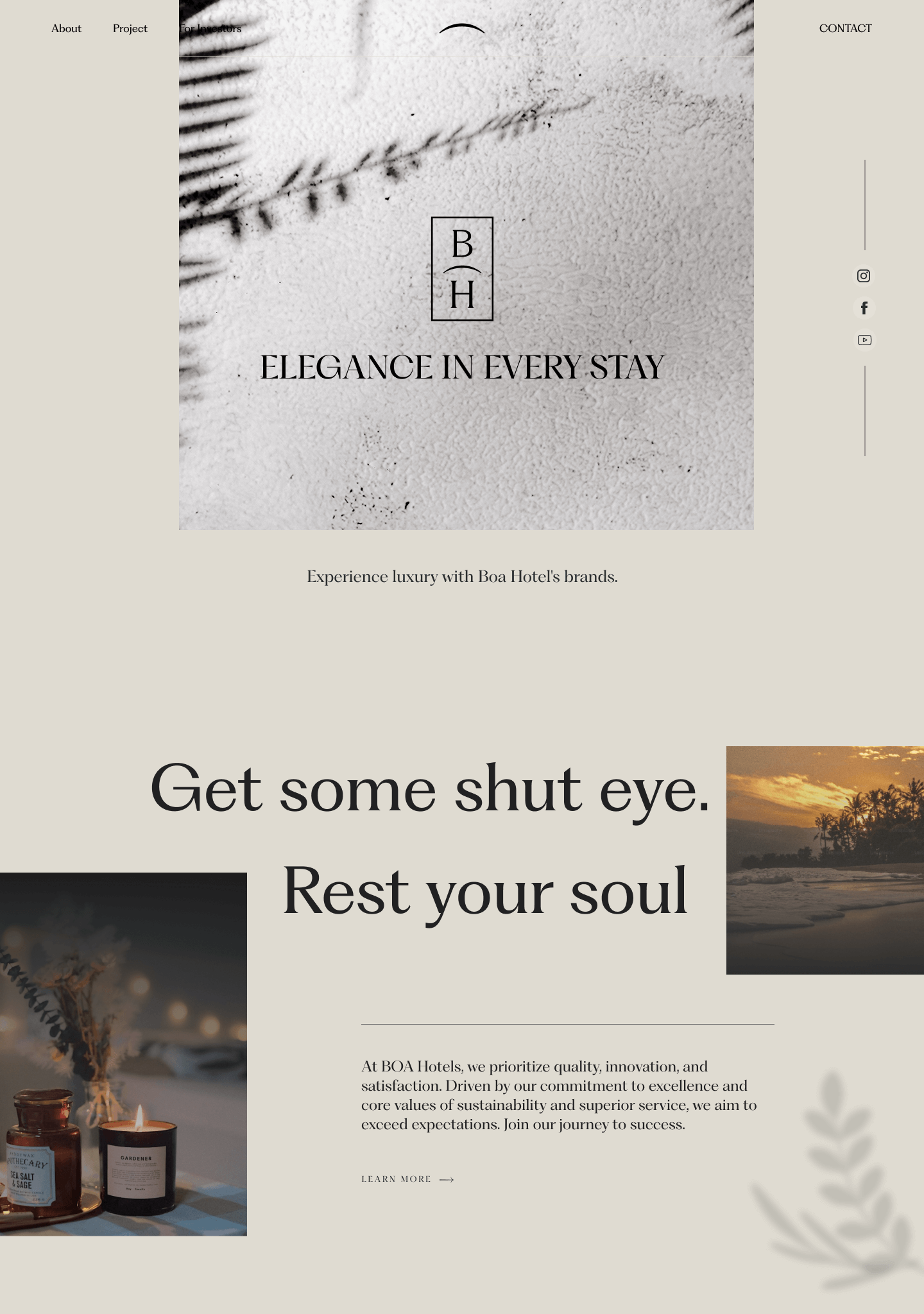 Minimalist hotel advertisement with a monochrome branch, a logo, and the phrase Elegance in every stay. Text reads: Get some shut-eye. Rest your soul. Images of candles and a scenic waterfront featured. Discover how our design subscription sets the scene. Sections for About, Project, and Contact are visible.
