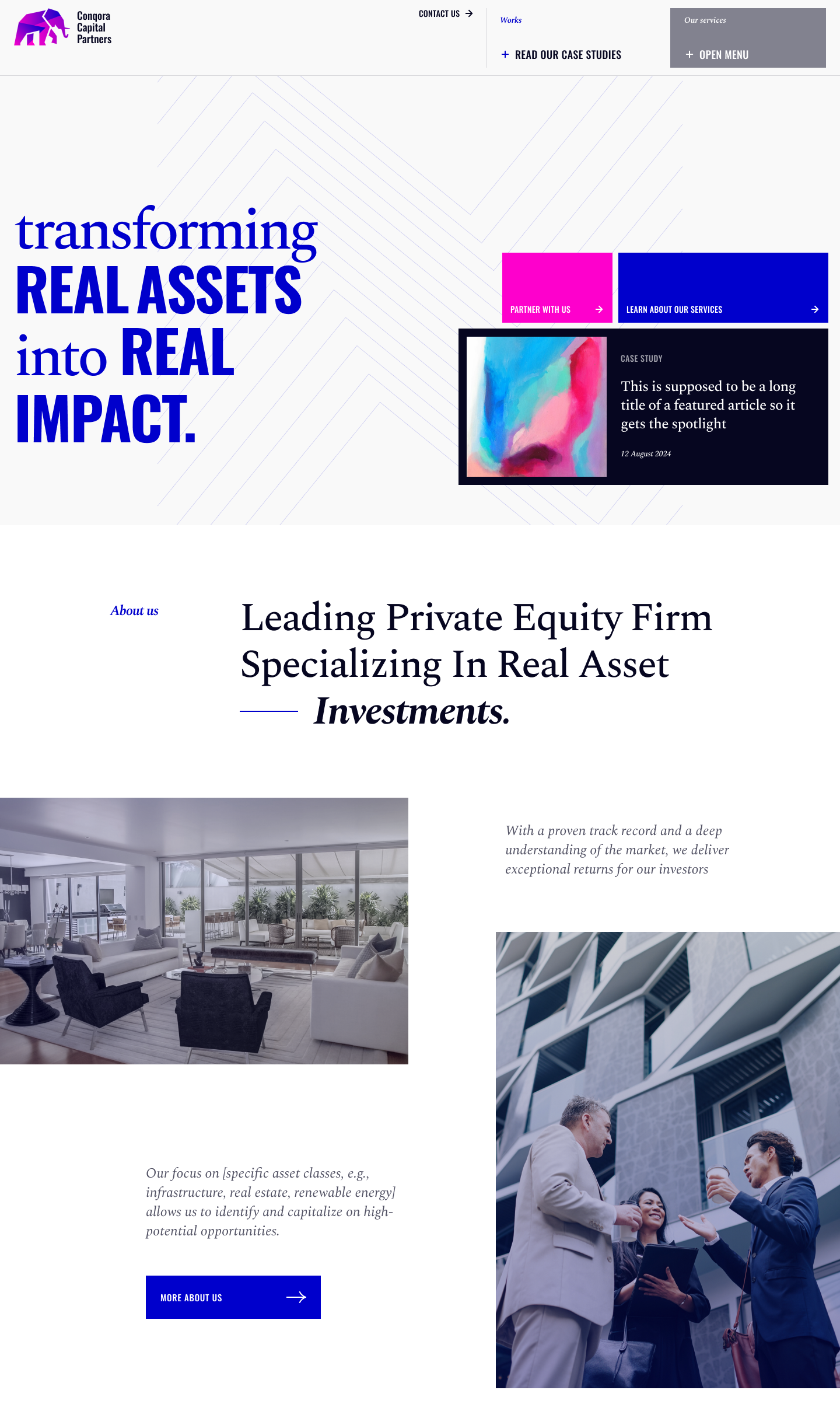 Discover our private equity firm’s homepage, elegantly designed with a purple and white palette. Boldly stated, transforming real assets into real impact, it showcases our services and case studies. Experience the modern office vibe while exploring our design subscription offerings.