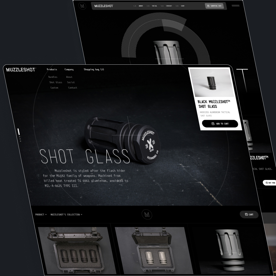 A website showcasing Muzzleshot shot glasses styled after flash hiders for the M16A2, featuring product images with a dark background and sleek design elements. Consider adding our design subscription service for unlimited graphic design updates to keep your collection fresh.