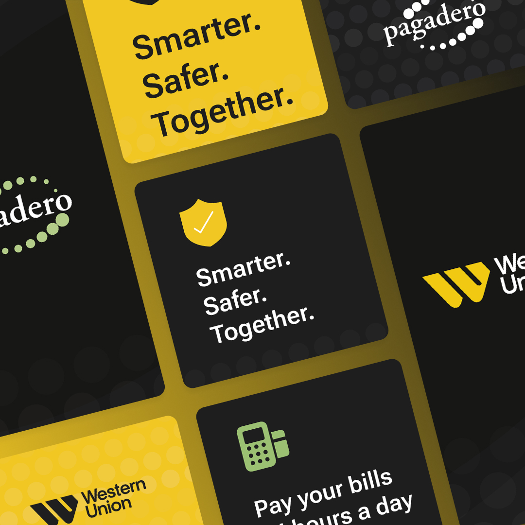 Yellow and black grid design featuring text including Smarter. Safer. Together. with a shield icon, Pay your bills 24 hours a day, brand names, and a large stylized W logo—all seamlessly integrated as part of an unlimited graphic design subscription service.