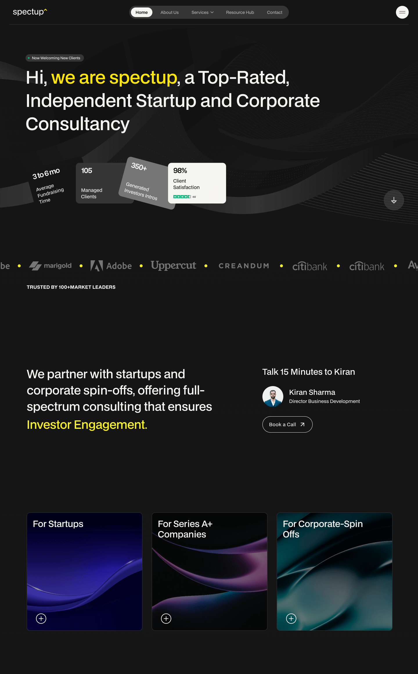 A webpage for Spectup, highlighting their consultancy services and design subscription options. Includes service statistics, company logos, and sections for startups, series A+ companies, and corporate spin-offs. Features an option to book a call with consultant Kiran Sharma.