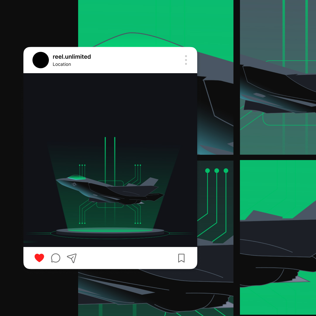 Graphic featuring a stylized fighter jet inside a futuristic digital interface, seamlessly crafted with unlimited design solutions. The image is split into sections, displaying various abstract elements in green and black tones. Instagram-like layout icons are visible below the main image.