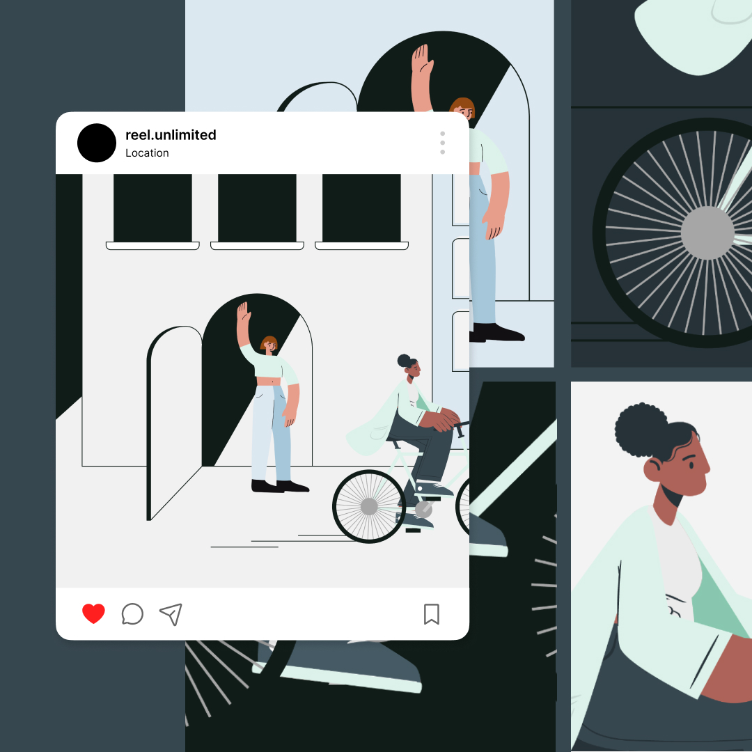Illustration of a man waving in front of an archway and a woman on a bicycle, layered over a collage with wheels and geometric patterns. An Instagram-like interface overlays the image with user reel.unlimited, showcasing the arts stunning graphic design.