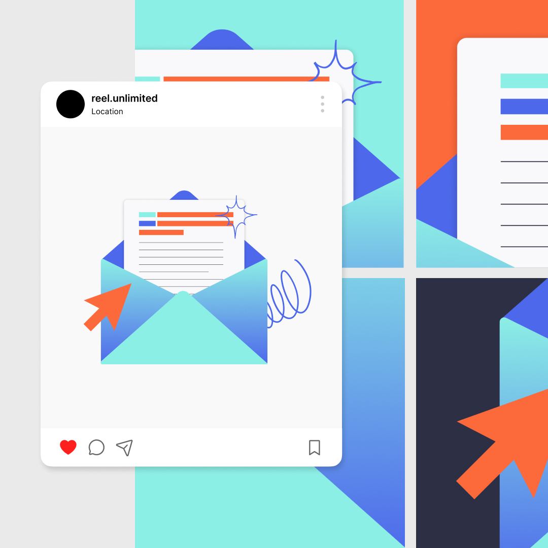 Illustration of a social media post featuring an open blue envelope with a letter inside, adorned with abstract shapes. A large arrow suggests interaction, highlighting our custom illustration services. Bright colors of blue, orange, and teal dominate the design.