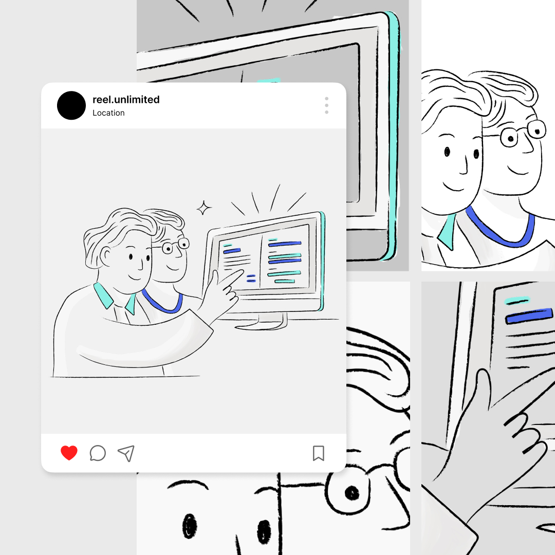 Illustration of two cartoon characters pointing at a brightly colored computer screen, surrounded by panels of enlarged details like a finger pointing and their smiling faces. Framed as an Instagram post, it showcases the charm of custom illustrations to capture unique moments.