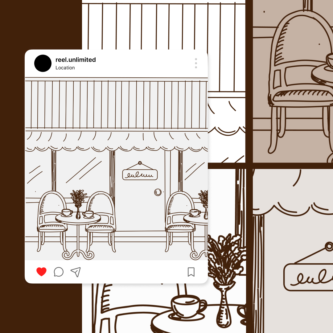 This Instagram post captures a quaint café adorned with round tables, chairs, and flowers beneath a striped awning. A café sign graces the door, while multiple panels zoom in on the scenes charming details. Discover our custom illustration services for unique visuals.