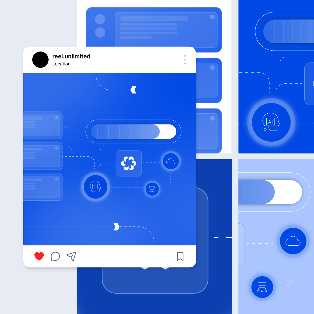 Digital artwork featuring custom illustrations with abstract shapes and UI elements in various shades of blue. A central Instagram-like frame includes a slider with surrounding icons. Additional UI components are displayed in adjacent panels, creating a cohesive tech-themed layout.