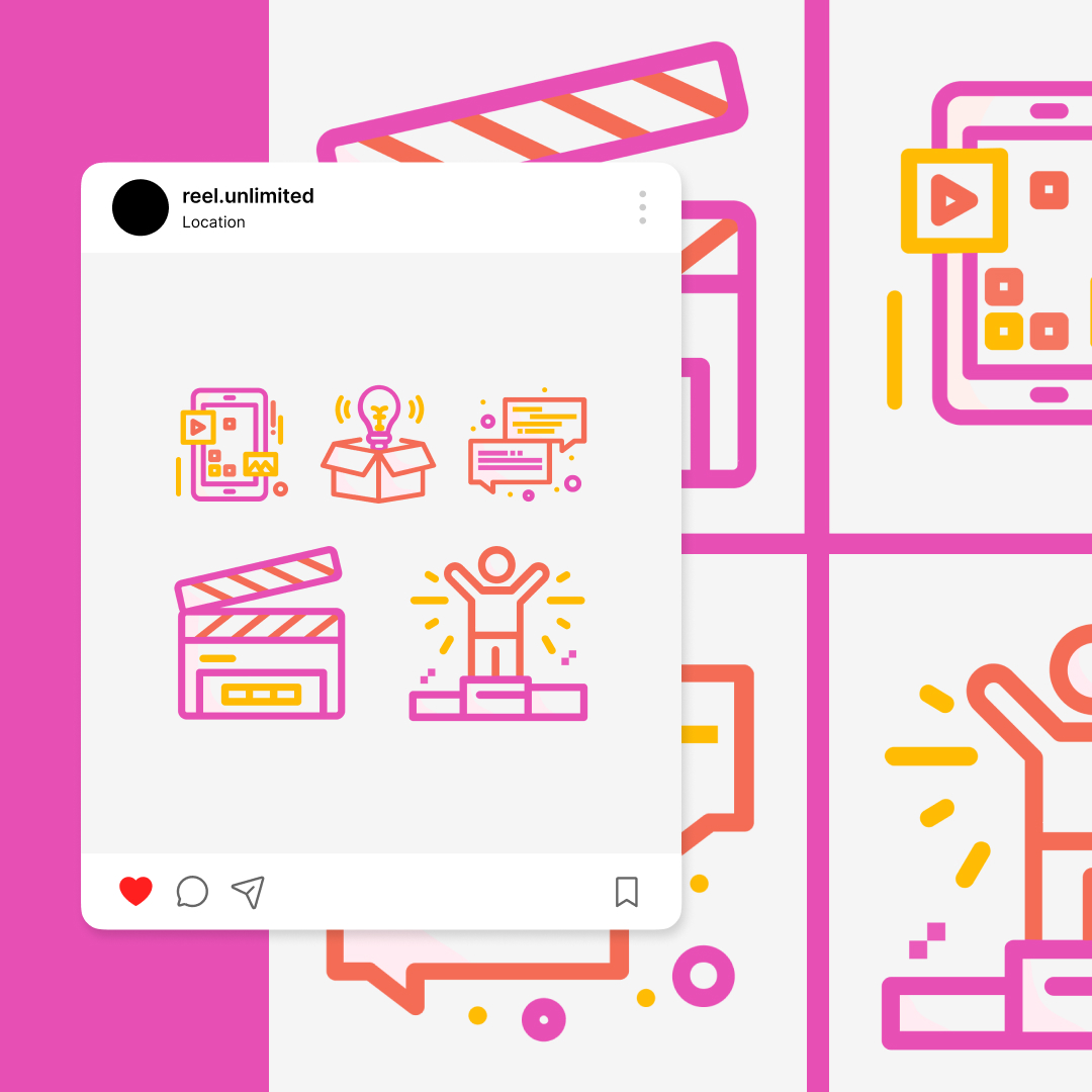 A vibrant Instagram post showcases creative icons like a clapperboard and a podium celebration, alongside various media symbols. Bursting with bright pink, yellow, and orange hues on a white backdrop, it highlights custom illustration services for unlimited creative possibilities.