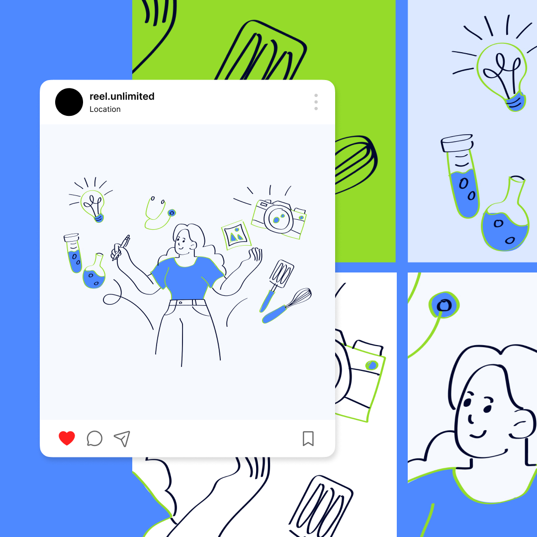 Illustration of a person juggling icons representing various creative and scientific tools like a paintbrush, test tube, camera, and light bulb. The scene showcases custom illustrations services with a background divided into blue and green sections featuring abstract line drawings.