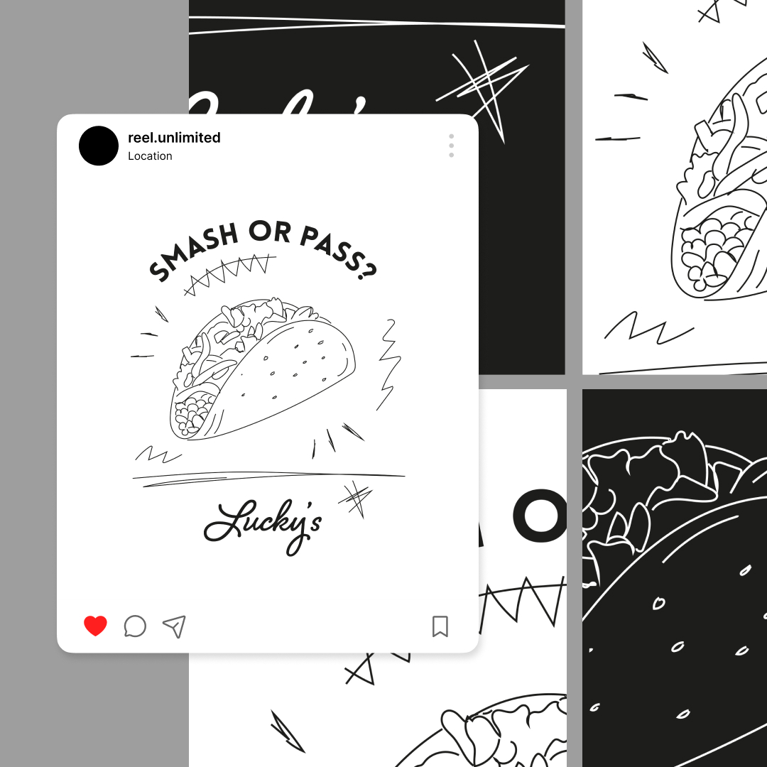 Black and white custom illustration of a taco with text above saying Smash or Pass? The word Luckys sits beneath the taco. The background is divided into multiple sections with abstract patterns and designs, highlighting our custom illustration services.