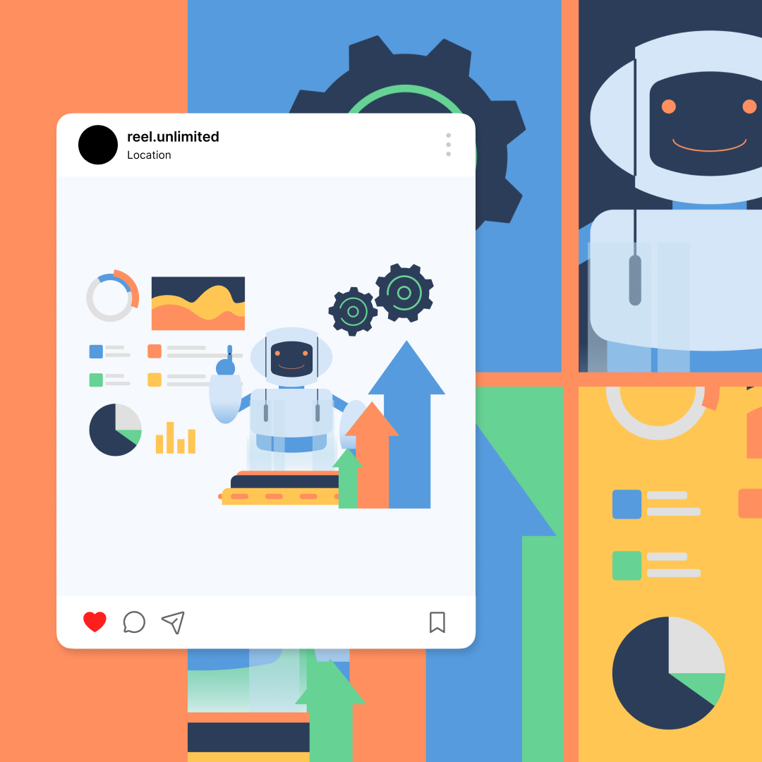 A digital illustration of a social media post showcases a robot surrounded by charts, graphs, gears, and arrows. With abstract shapes in blue, orange, green, and yellow tones as the backdrop, it highlights custom illustrations services that bring visionary concepts to life.