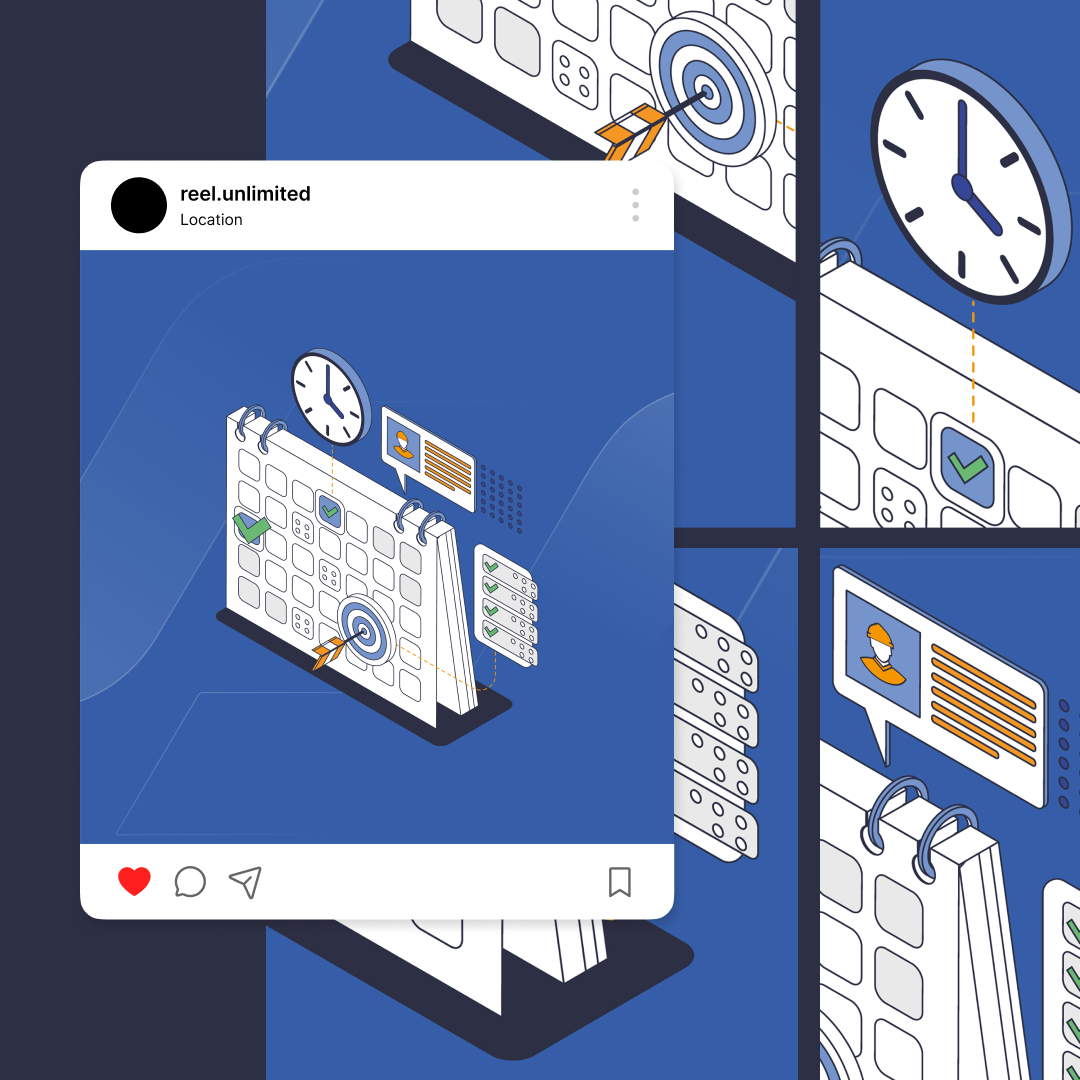 Illustration of a digital calendar with icons for scheduling and reminders, like a clock, checkmark, and profile. This bespoke design combines social media post elements with engagement icons at the bottom. Ideal for those seeking custom illustration services.