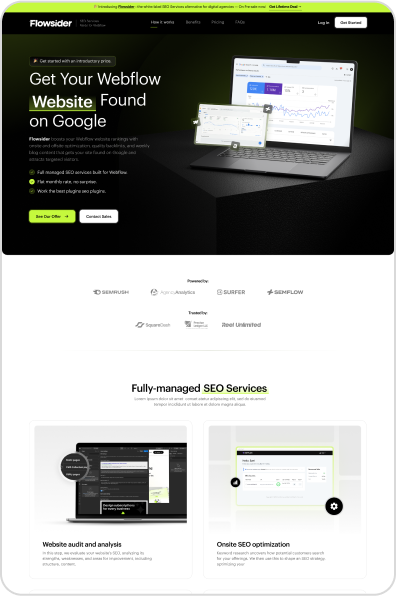 A webpage from Flowsider showcasing SEO services for Webflow websites. It features graphics of a laptop with analytics, logos of SEO tools like SEMRUSH, and sections highlighting services such as website audits and onsite SEO optimization, all complemented by unlimited graphic design support.